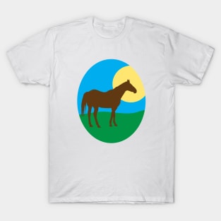 Brown Horse in meadow with sun T-Shirt